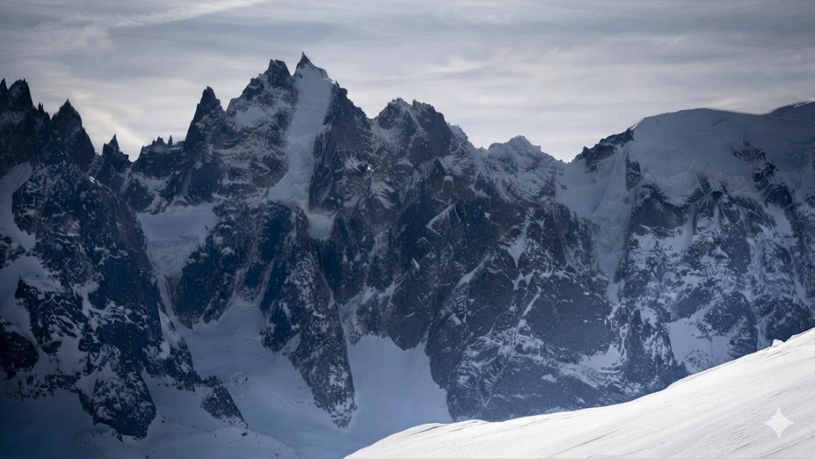 Snow-capped alpine mountain ridge